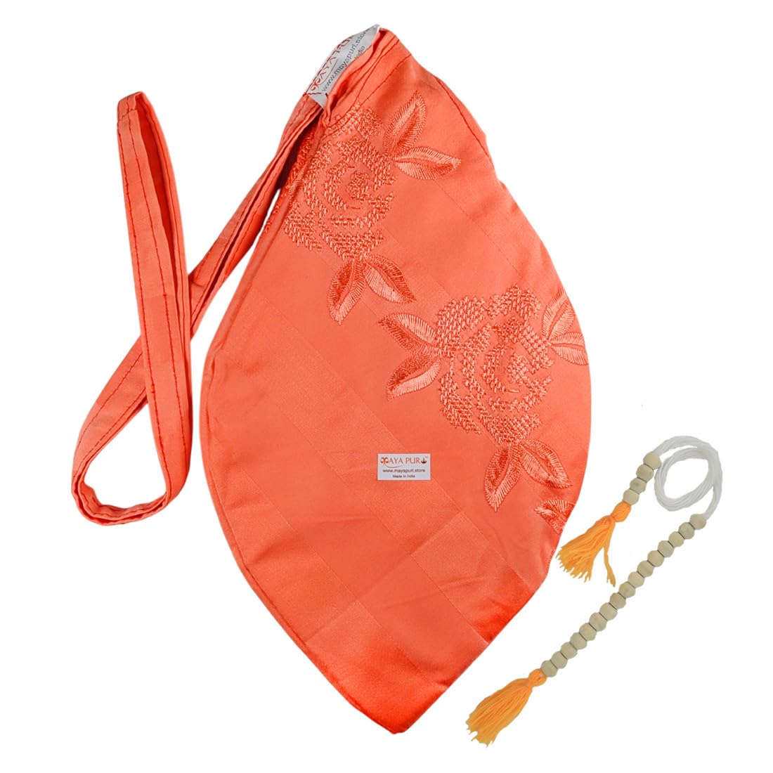 MAYAPURI Original Bhagwa Chickenkari Embroidery Work Pure Cotton Gomukhi Japa Mala Bag or Chanting Bag/Beads Bag with Zip Pocket and Sakshi Mala Counter for Daily Mantra Jaap (Saffron Color)