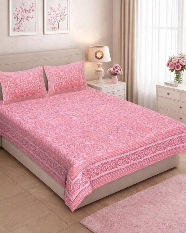 DHRUVINSRI Authentic Quality, Hand Block Print Cotton King Size Bed Bedsheet ,90 X 108 Inches, 2Pillow Covers,  220 TC (Pink)