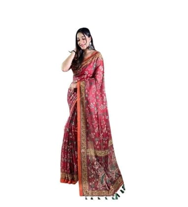 DARSHANS Women's Linen Printed Saree With Unstitched Blouse 5.5Mtr (Red)-PID65168