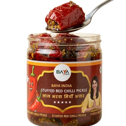 Baya India Homemade Stuffed Red Chilli Pickle | Bharwa Lal Mirch Achar | Traditional Recipe | No Preservatives | Spicy & Tangy | Handcrafted in India | No Garlic No Onion Baya India Homemade Stuffed Red Chilli Pickle | Bharwa Lal Mirch Achar | Traditional Recipe | No Preservatives | Spicy & Tangy | Handcrafted in India | No Garlic No Onion