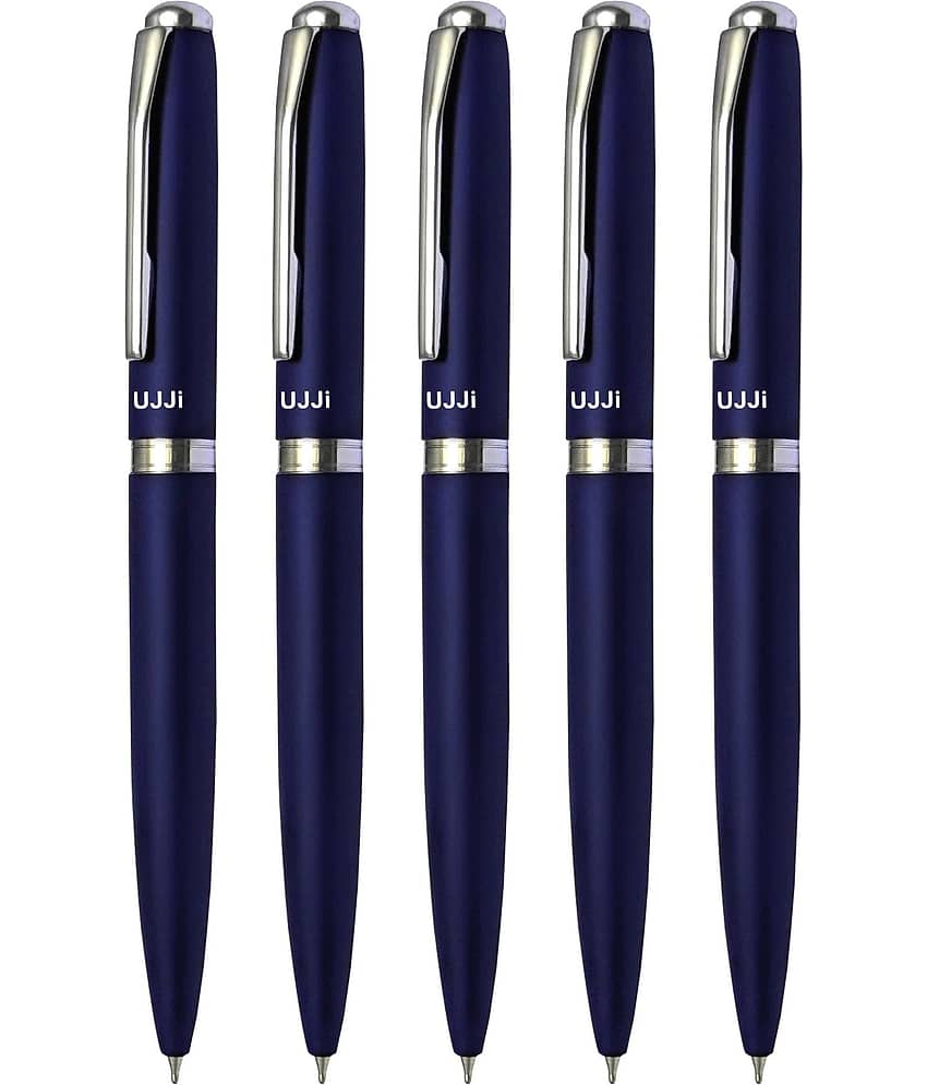 UJJi Blue Color Matte Finish Body Pack of 5 Twist Mechanism (Blue Ink) Metal Ball Pen