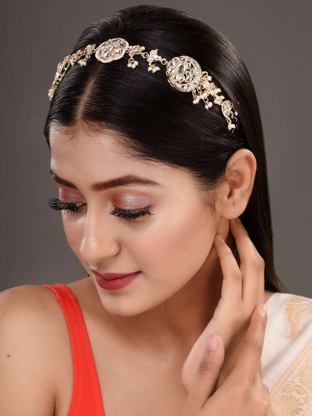 Gold Detailed uncut Kundan Pearl Beadded Floral ethnic Head Band