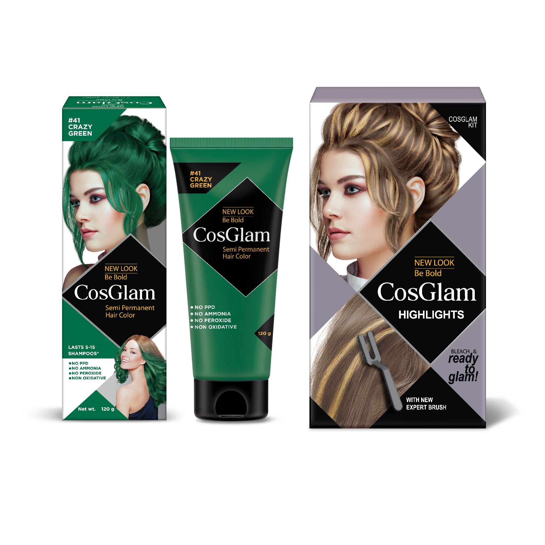 COSGLAM Semi Permanent Hair Color Crazy Green 120g and Hair Highlighter Kit 115g, Highlights Hair Dye