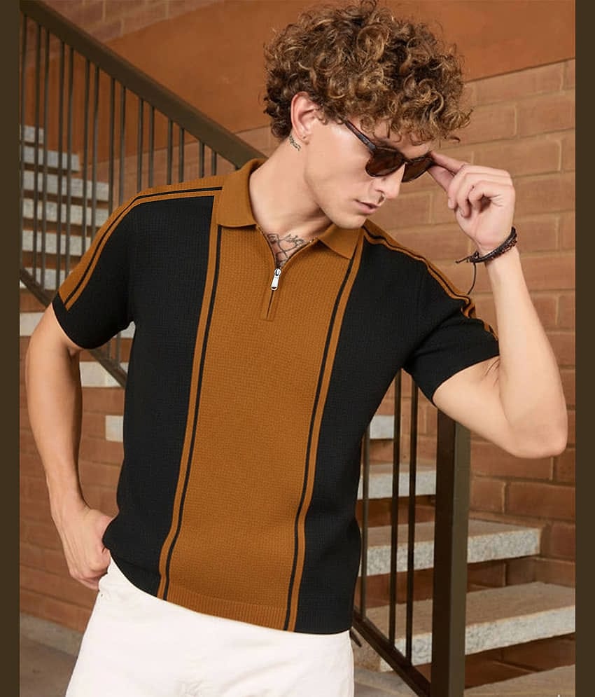 AUSK Men Cotton Blend Regular Fit Colorblock Polo T Shirt ( Coffee )