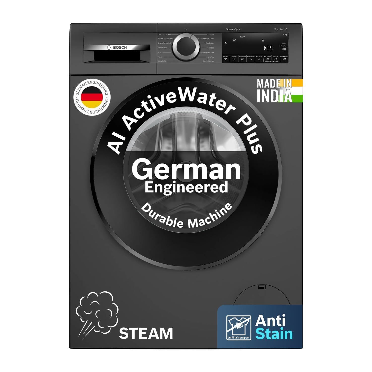 Bosch 9 kg 5 Star Front Load Fully-Automatic Washing Machine, AI ActiveWater, 14 Wash Programs, Removes 99.9% Germs with Steam, No Tangle or Wrinkle, SoftCare Paddle, Black Grey, WGA1420TIN Bosch 9 kg 5 Star Front Load Fully-Automatic Washing Machine, AI