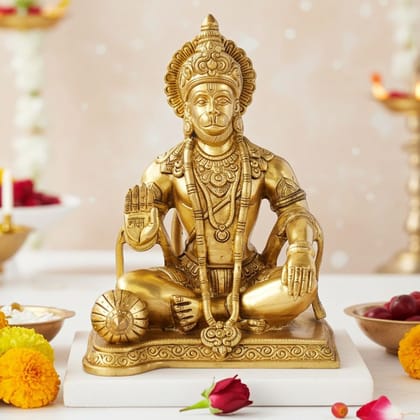 Brass Sitting Hanuman Ji Idol - Spiritual Worship Murti, Height : 9.5 Inch (BSMAS1104 A)