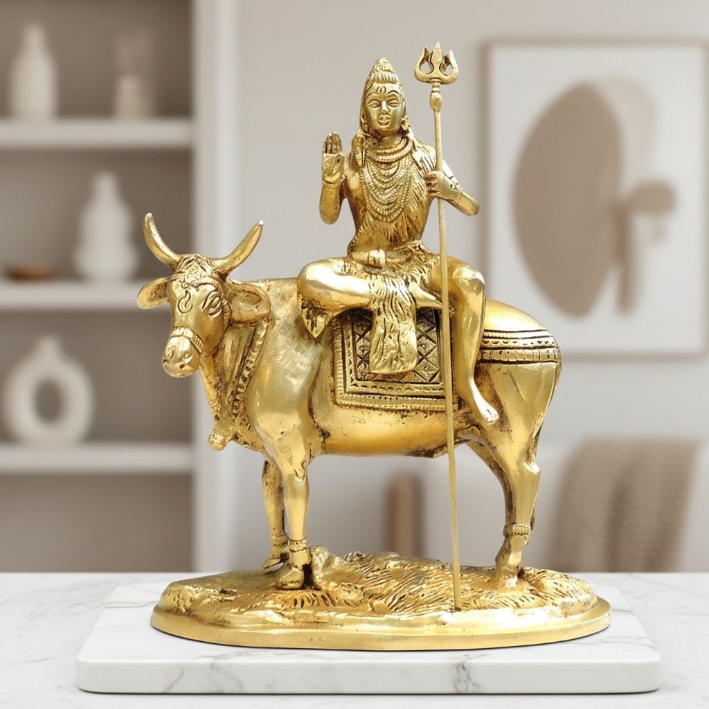 Brass Shiva Ji on Nandi Idol | Temple Statue, Height : 9 Inch (BSMAS1835 C)