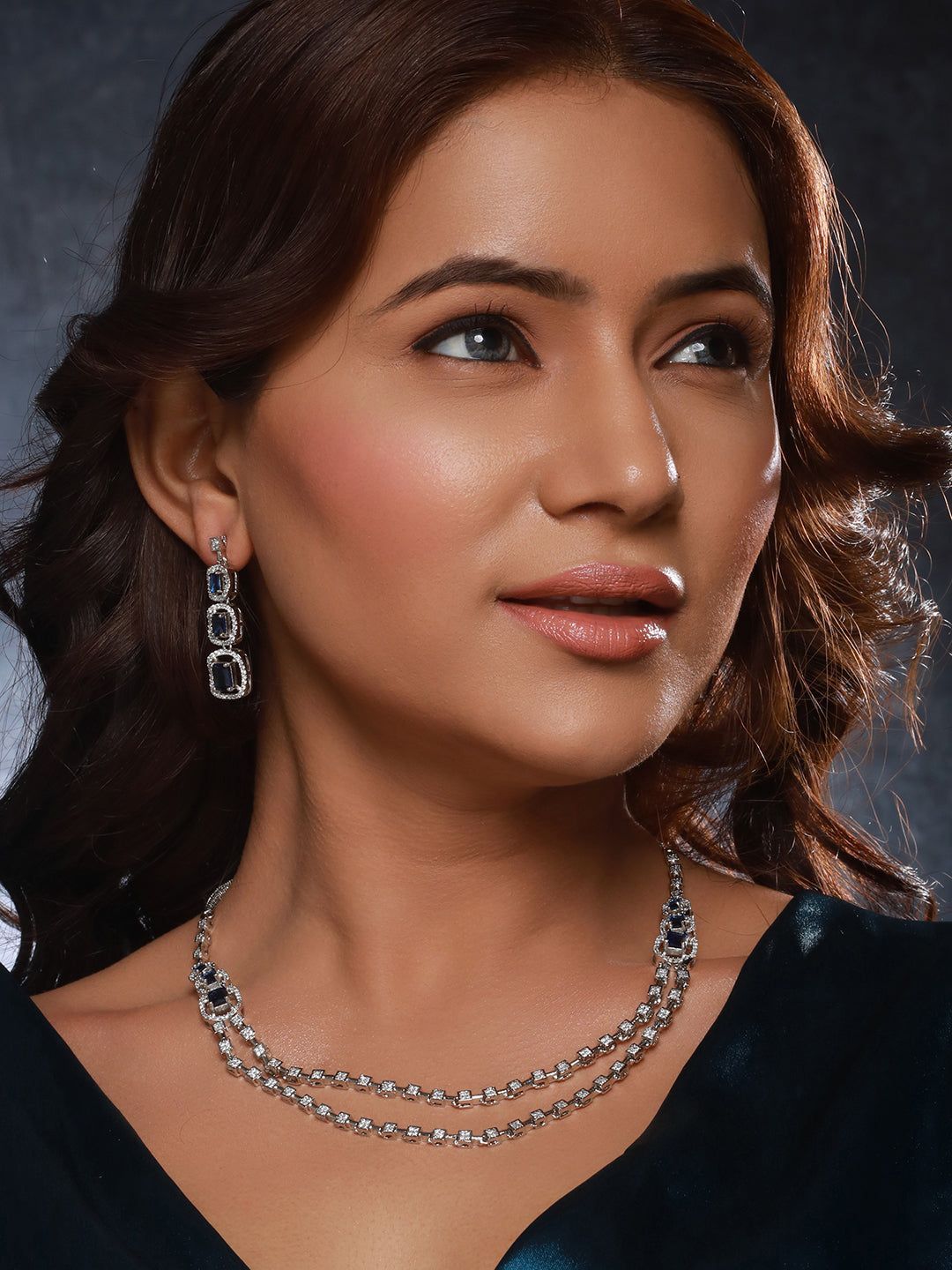 Silver Plated Blue Zircon Studded Double Lined Bridal Designer Jewellery set