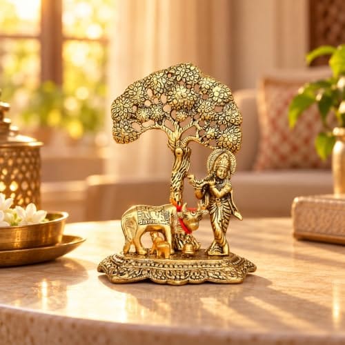 Idol with Kamdhenu Cow & Tree (17cm, Gold) – Handcrafted Vastu Statue Murti for Home Decor, Pooja Mandir &