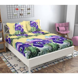 Black Bee  Purple Pansy Floral 3D Print Double Bedsheet With 2 Pillow Covers (208 X 213 Cm)(Bs20-02)