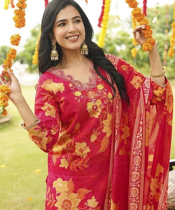 Women Red Viscose Rayon Floral Embroidered Straight Kurta Trousers With Dupatta
