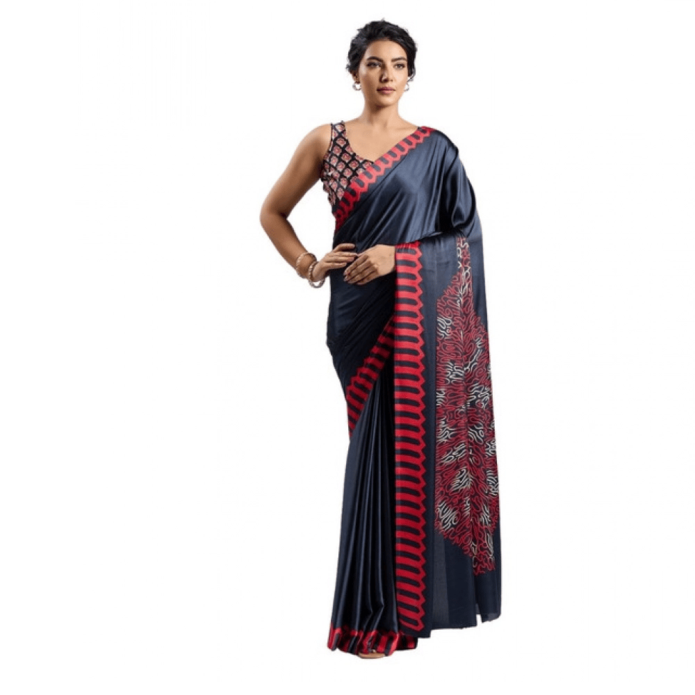womens satin crepe printed saree with unstitched blouse 5mtr navy blue pid65025