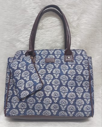 Blue cotton azrak print jute Tote Bag