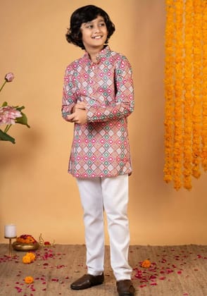 Boys Multicolor Cotton Blend Diamond Motifs Printed Kurta Pyjama Set