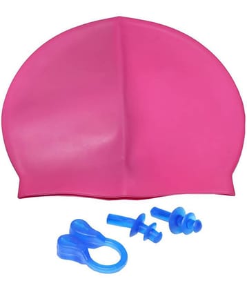 Goodluck Waterproof Silicone Swimming Cap/ Swimming Accessories Pink with Nose and Ear Plugs