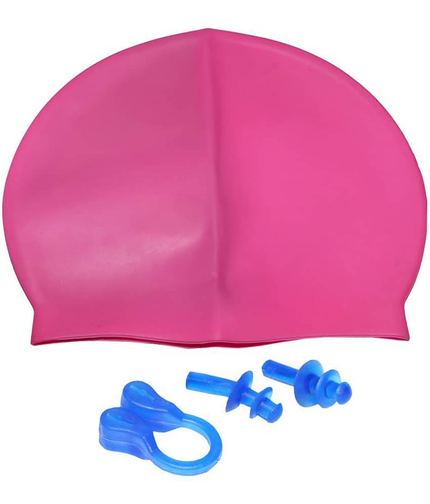 Goodluck Waterproof Silicone Swimming Cap/ Swimming Accessories Pink with Nose and Ear Plugs
