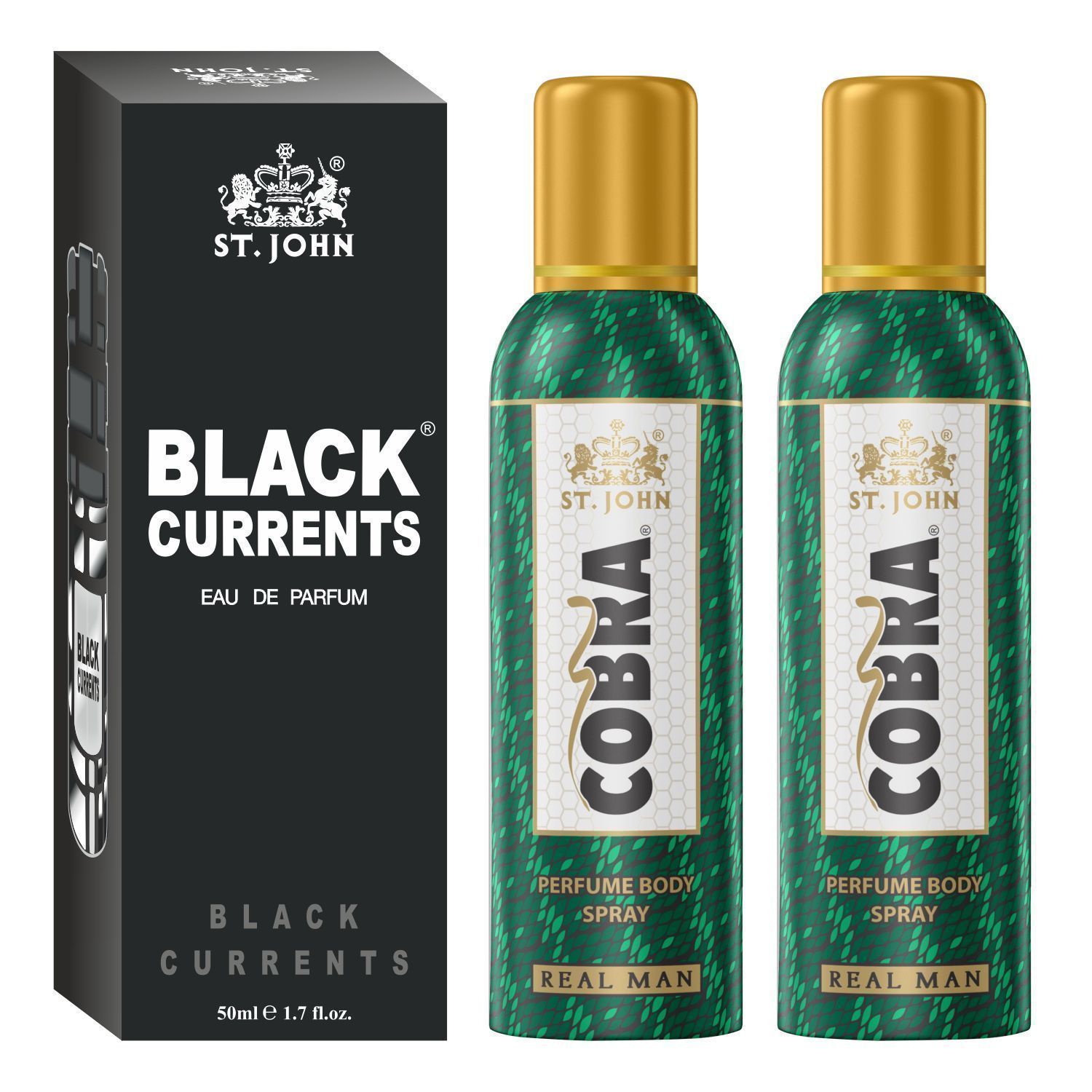 ST-JOHN Cobra Deodrant No Gas Real Man Pack of 2 100ml each & Black Current 50ml Combo Perfume Body Spray - For Men & Women (250 ml, Pack of 2)