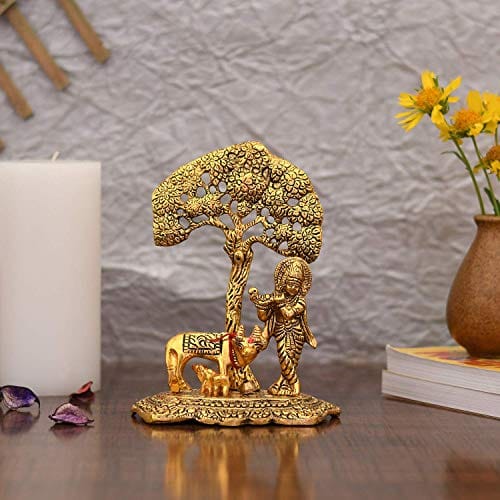 Metal Krishna Idol Murti with Kamdhenu Cow - Gold Plated Showpiece Articles for Home Decor, Office,House Warming