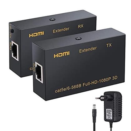 HDMI Extender 60M Over Single Cat6e UTP Ethernet Cable for 1080P Support 3D (1x Transmitter+1x Receiver+ Power Adapters) for PS4, TV Box, PC, DVD Player, Media Streaming Device (Black)