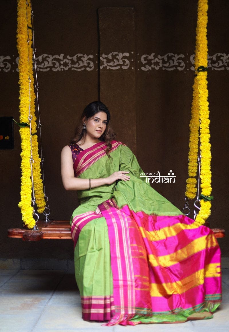 Handloom Cotton Viscose Ilkal Saree with Pure Resham Pallu - Bright Green with Rose Pink Border