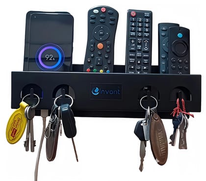 invont Wall Remote Holder Wall Mounted | AC Remote Holder for Living Room with Mobile Charging Slot & Key Hooks | Metal Remote Stand for Wall Holds 3 Remotes, 2 Phones & 4 Keys invont Wall Remote Holder Wall Mounted | AC Remote Holder for Living Room wit