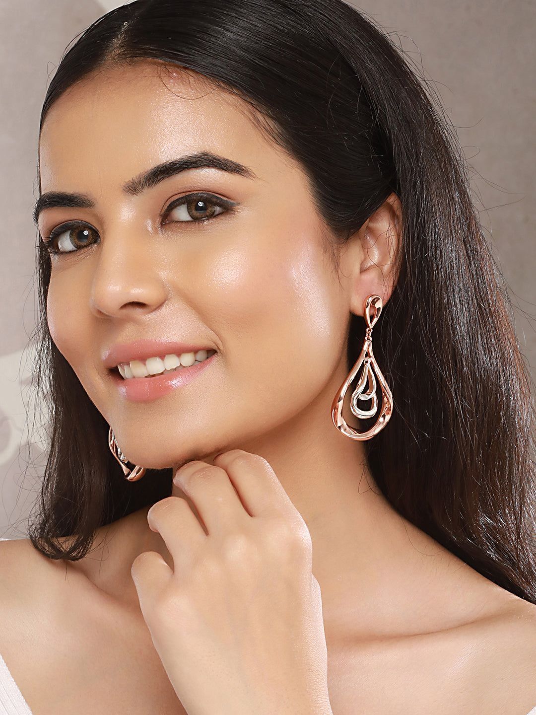 Anti-Tarnish Rose Gold Plated Pear Shaped Concentric Drop Earrings