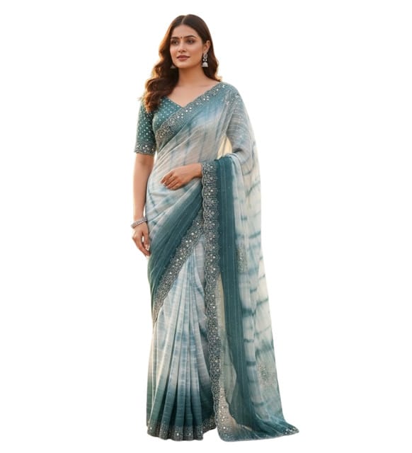 Generic Women's Georgette Striped Saree with Unstitched Blouse Piece, Soft Lightweight 5.5 m Sari for Daily, Office and Casual Wear (Ice Blue, Design 67617)