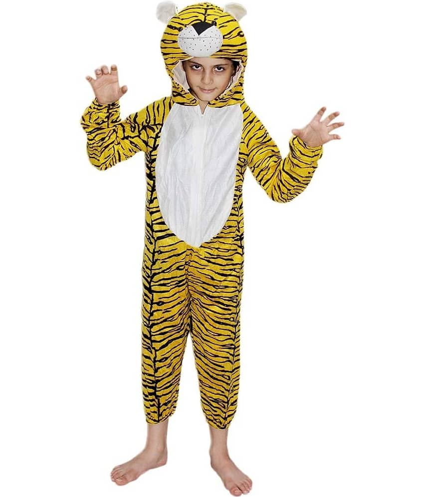 Kaku Fancy Dresses Tiger Wild Animal Costume For Kids - Yellow, 7 - 8 Years | Animal Fancy Dress For Boys & Girls