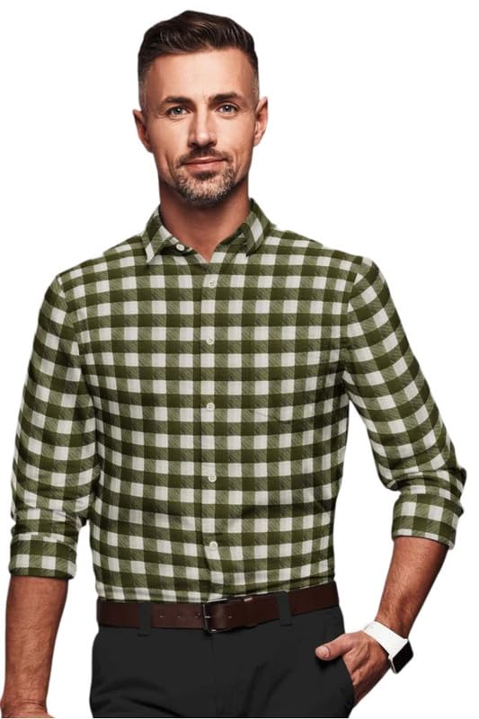 Men's Cotton Blended Checkered Full Sleeve Shirt (White-Green, M)-PID53449