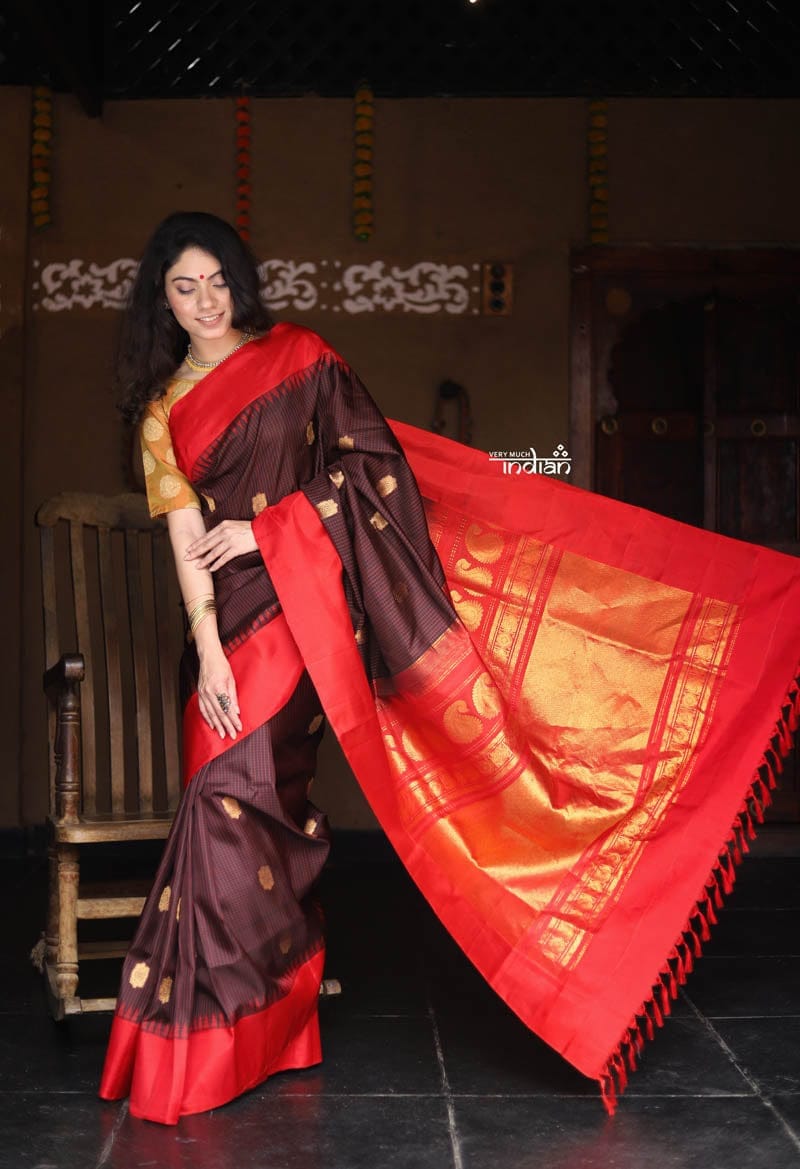 Utsaav ~ Gadwal Pure Silk Traditional Handloom Saree - Black in Floral Buttis with Red Border, Authentic Pure Silk
