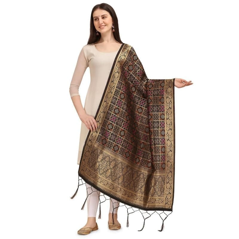 Women's Silk Pure weaving Work Duppatta (Black, Leangth: 2-2.3 Mtrs)-PID44944
