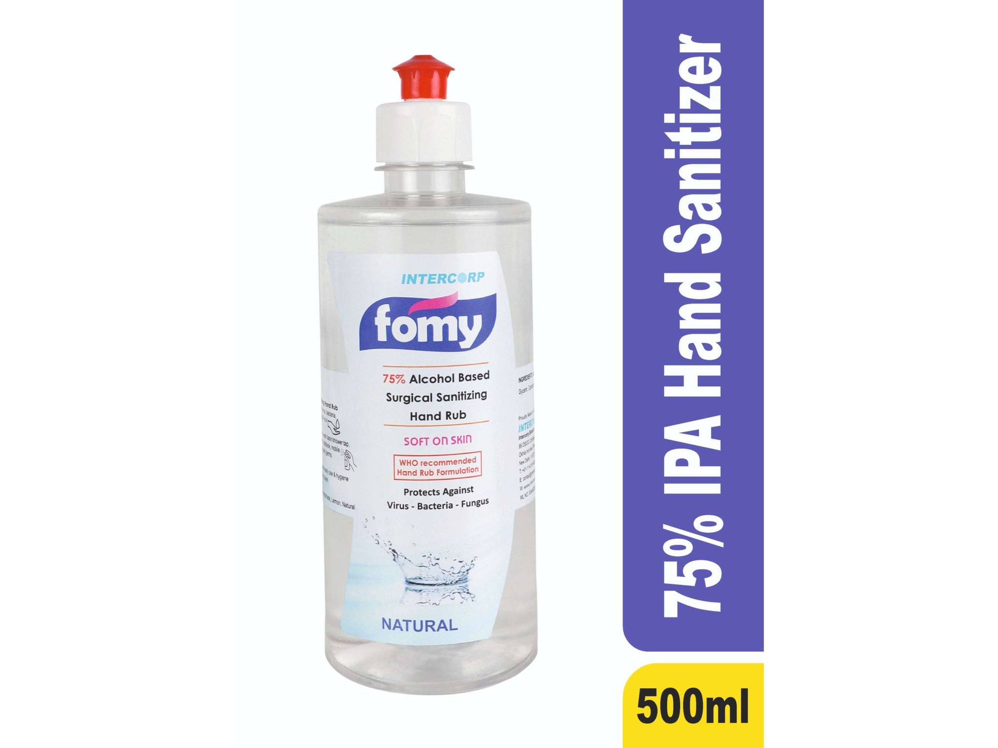 Intercorp Fomy 75% Isopropyl Alcohol-based Hand Rub Sanitizer and Disinfectant- 500ml (Natural)