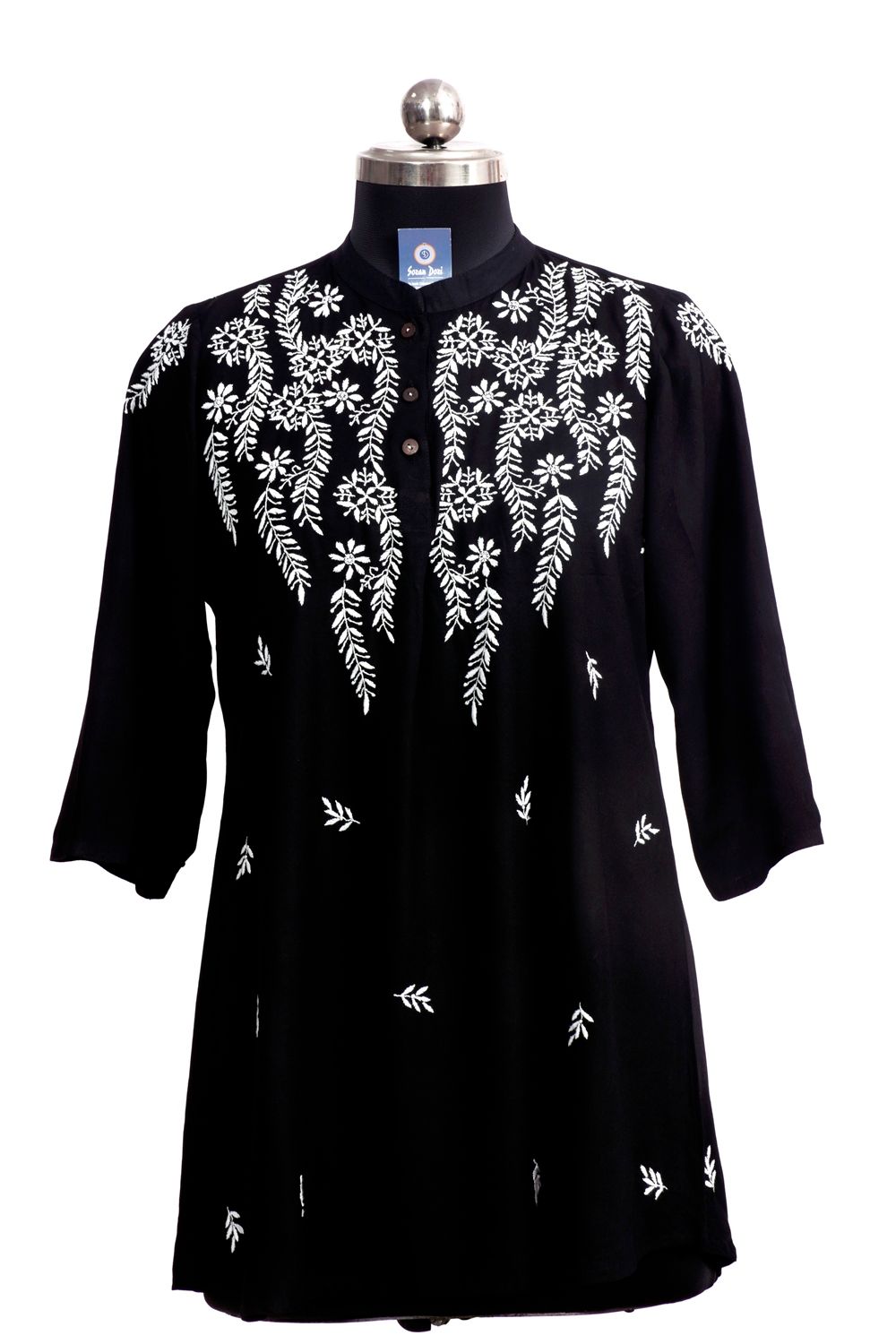 Handcrafted Chikankari V-Neck Top|Black