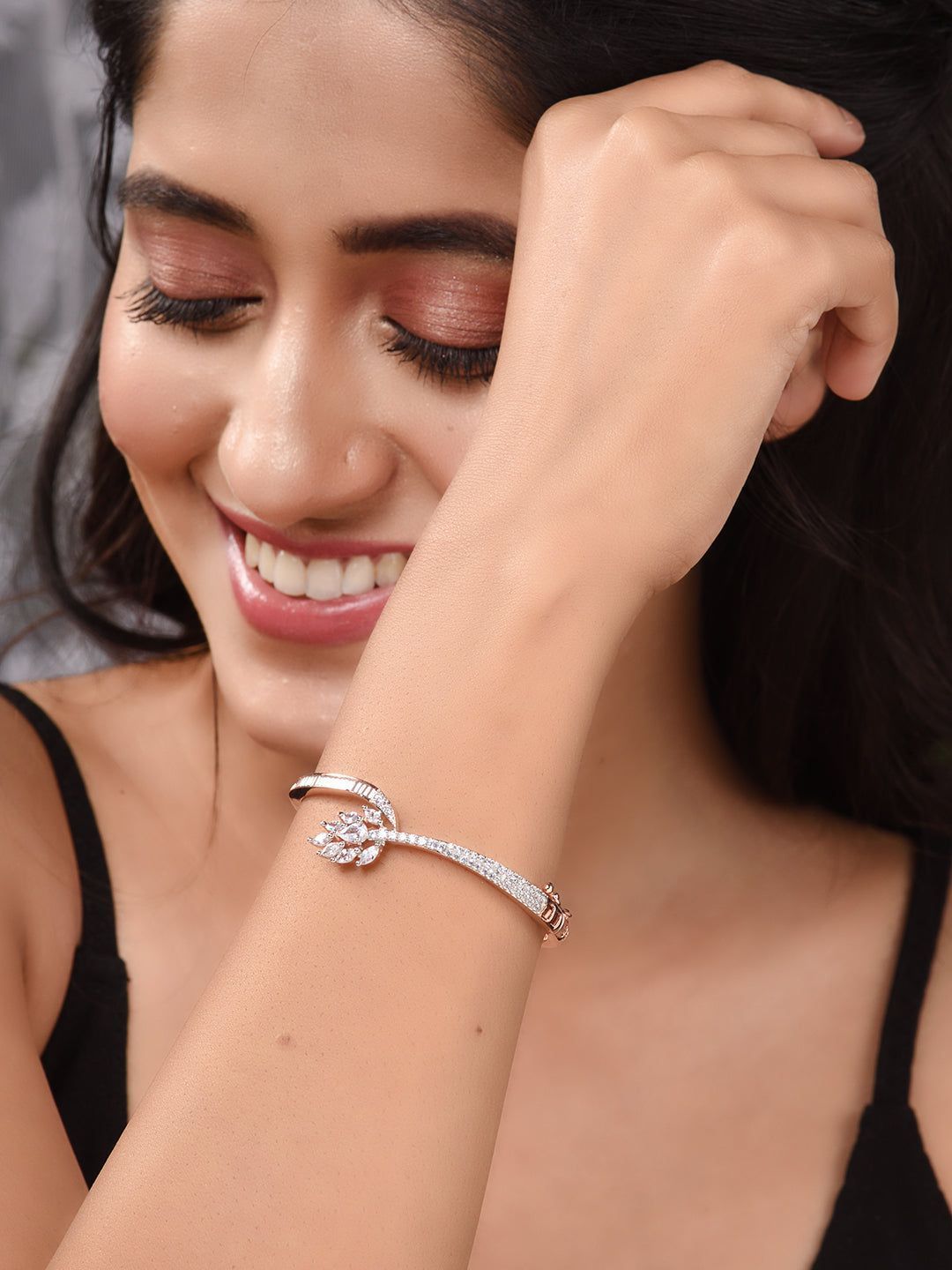 Rose Gold Plated AD Studded Floral Minimal kada Bracelet