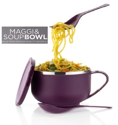 Stainless Steel Soup Bowl Maggi & Soup Bowl Plastic with Lid & Spoon Purple Stainless Steel Soup Bowl Maggi & Soup Bowl Plastic with Lid & Spoon Purple