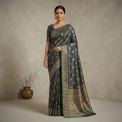 Charcoal Grey Banarasi Satin Floral Print Saree For Women