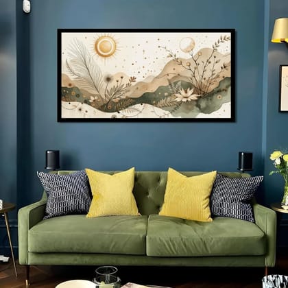Luminary Blooming Aurora – Botanical Sunrise Museum-Quality Cotton Canvas Painting for Living Room Décor | Frame Size (127 X 69 Cm) | Frame Type (Black) | 5-Year Warranty