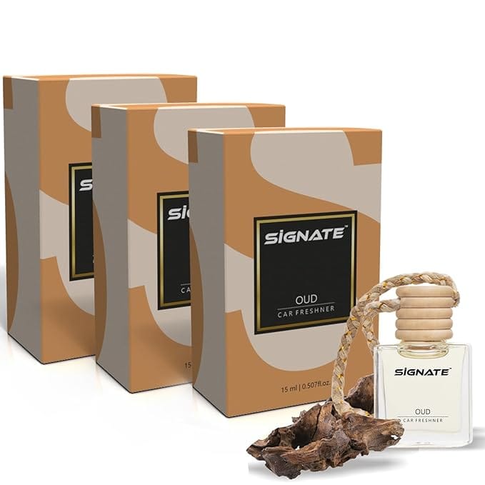 Signate Car Perfume with Natural Fragrance Essential Oils | Car Air Fresheners Long Lasting Upto 90 Days | Hanging Pod in Glass Bottle with Wooden Diffuser Lid  15ML (Oud) (Pack of 3)