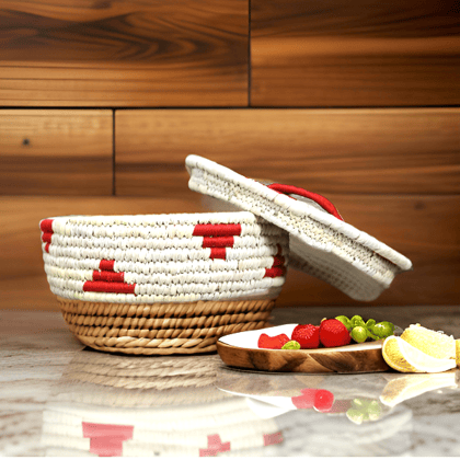 Handcrafted Sabai Grass Handmade Multi-Use Chapati & Roti Hot Box / Bread Basket / Storage Box / Casserole Dish for Kitchen (24x9x7 inch) - Red & Off White