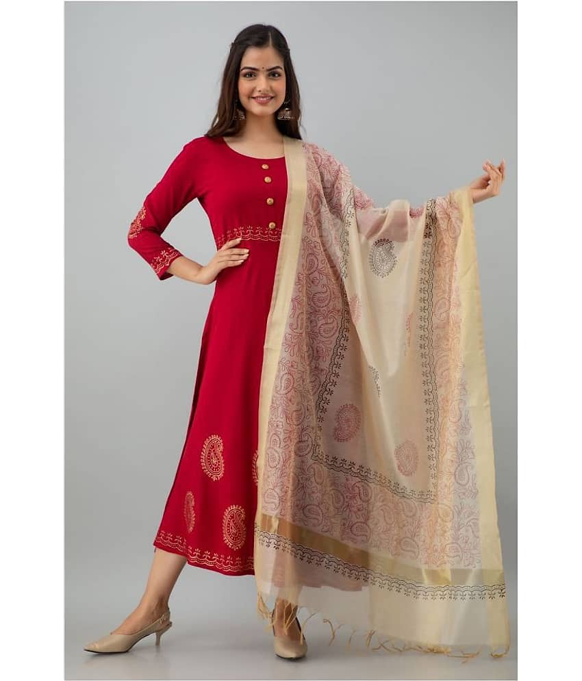 FABRR - Maroon Rayon Women's Flared Kurti with Dupatta ( Pack of 1 )