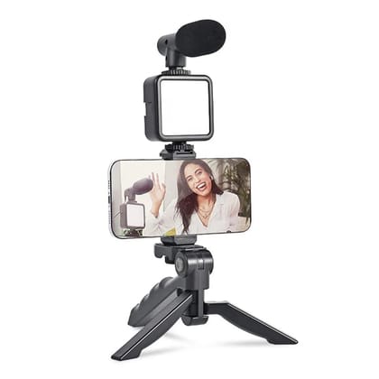 Vlogging Kit for Video Making with Mic Mini Tripod Stand, LED Light & Phone Holder Clip for Making Videos (Random Colour) (Packaging May Different)