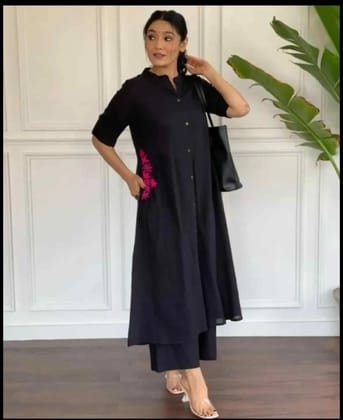 Women's Reyon Kurta Palazzo Set, Short Sleeves, Mandarin collar, Rust Casual Wear,Embroidery on both pockets Traditional Indian Dress
