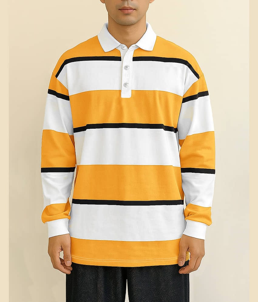 Eyebogler Men Cotton Blend Oversized Fit Striped Polo T Shirt ( Orange )
