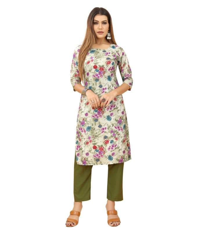 Women's Casual 3/4th Sleeve Floral Printed Crepe Kurti (Multicolor, M)-PID46202
