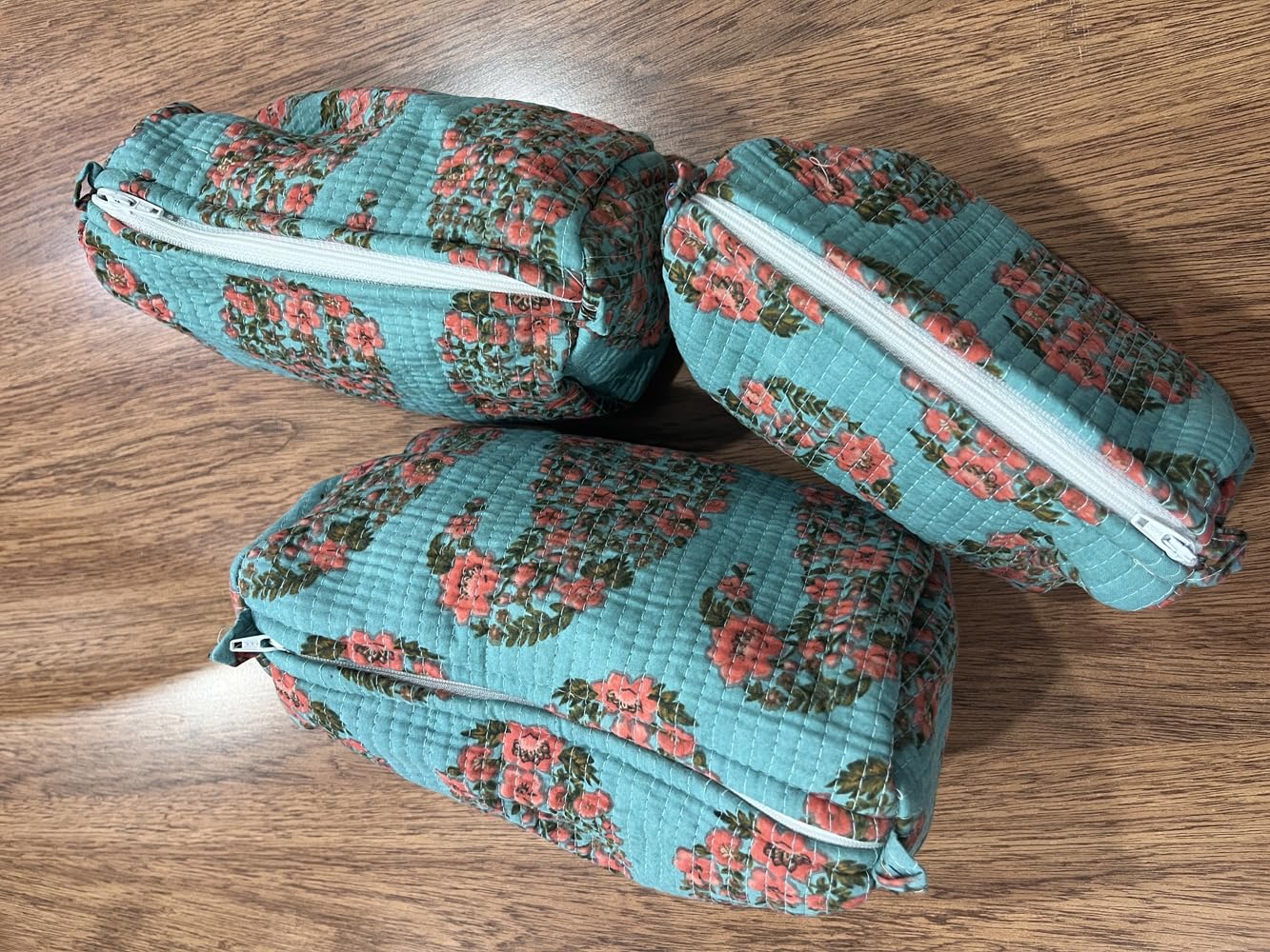 Quilted Cosmetic Bags Set, Turquoise with Coral Floral Print, Zippered Pouches, 3 Pieces