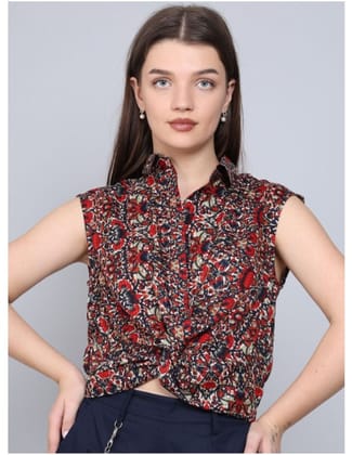 Printed Sleeveless Waist Tie-Ups Shirt Style Top