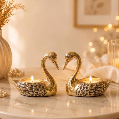 Metal Pair of Love Swans with 2 Tea Lights, Golden