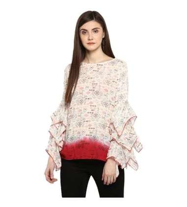 Women's Rayon Crepe Printed Ruffle Sleeve Top (Off White - Red, L)-PID55883