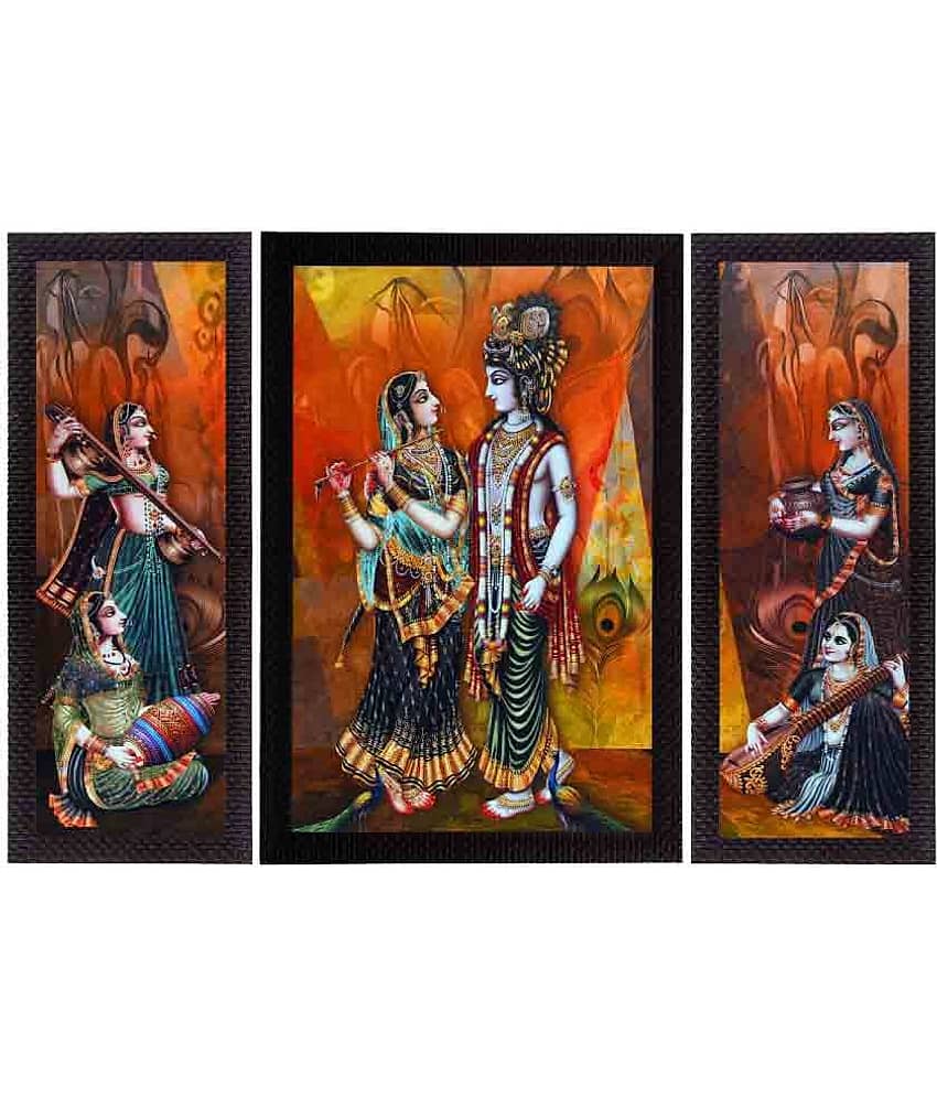 eCraftIndia Set of 3 Orange and Blue Musical Radha With Krishna Texture UV Wall Arts