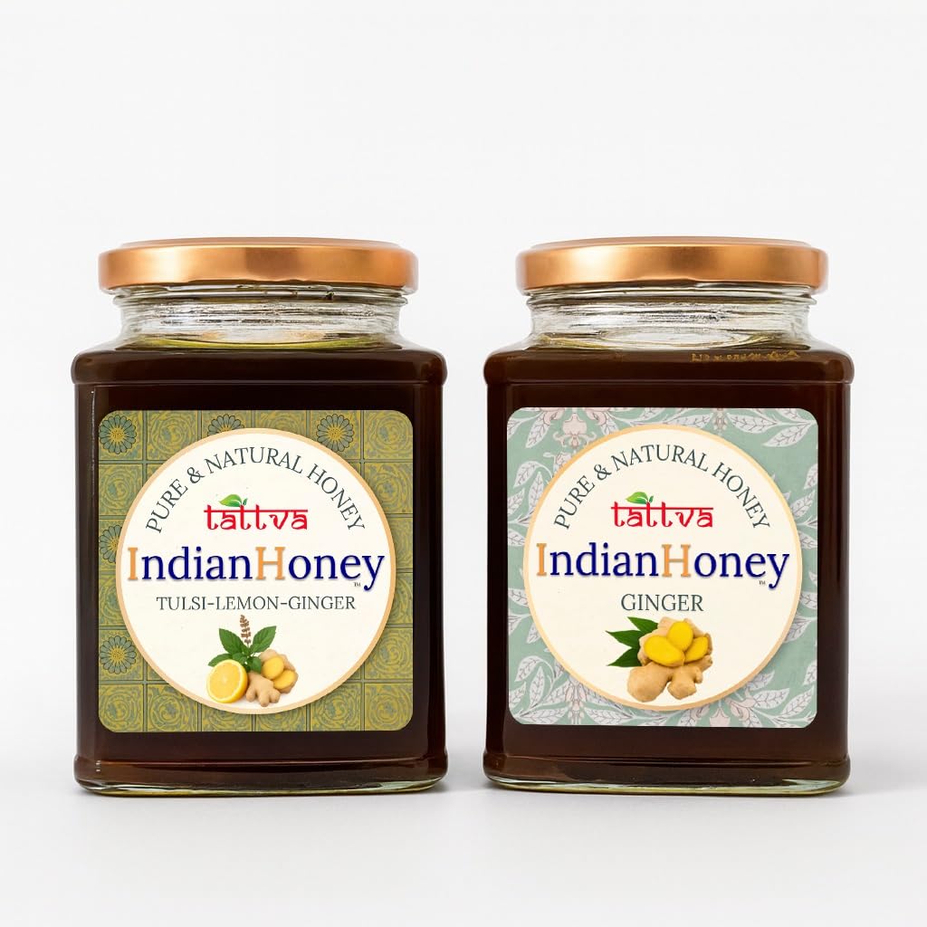 IndianHoney Ginger & Tulsi Lemon Ginger Honey Combo (Pack of 2) | Pure & Natural | 1kg (500g Each) | Unprocessed & Unfiltered Natural Sweetener